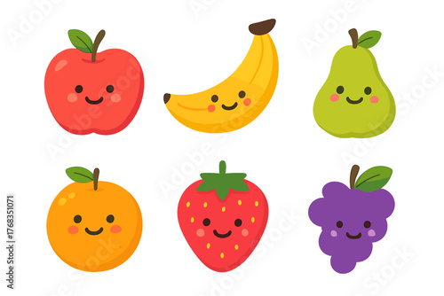 Wallpaper Mural Adorable smiling cartoon fruit collection including apple banana pear orange strawberry and grapes isolated Torontodigital.ca