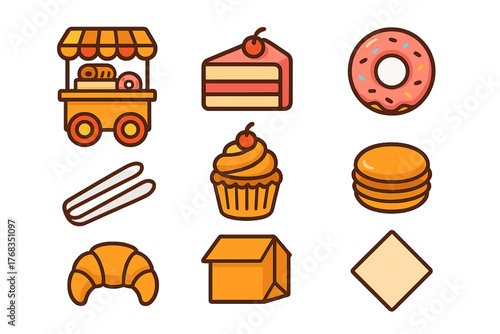 Sweet bakery and dessert icons including food cart, donut, cake, and croissant