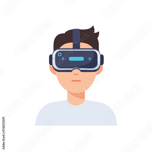 Virtual reality headset user engaging with the metaverse is depicted in a colorful 2D flat vector illustration isolated on a clean white background.