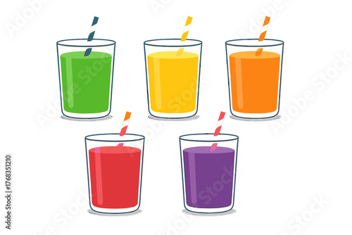 Five colorful fresh fruit smoothies or healthy vegetable juices in glasses with striped straws