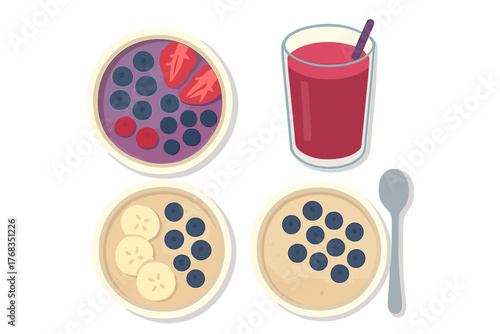 Collection of healthy breakfast items including fruit bowls, oatmeal, and a berry smoothie drink