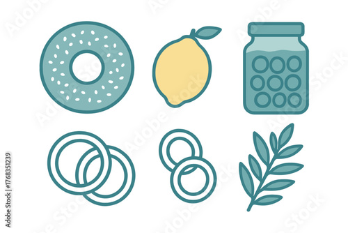 Minimalist set of icons depicting various kitchen ingredients and prepared foods on a white background