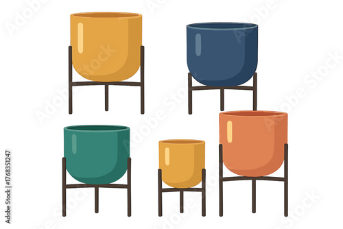 Set of modern colorful ceramic planters on metal stands in various sizes and colors for interior decor