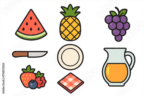 Colorful collection of summer picnic essentials including fresh fruits and dining accessories