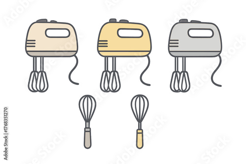 Set of electric hand mixers and manual whisks for kitchen baking and cooking