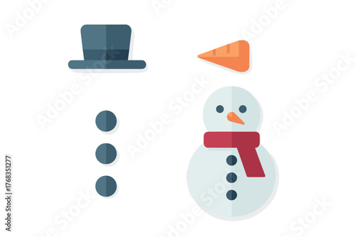 Cute flat design snowman character with separate winter holiday elements and accessories