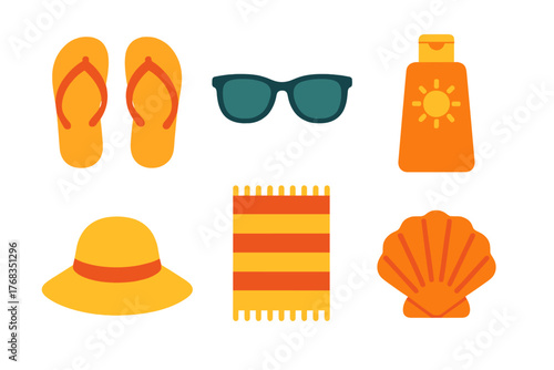 Set of summer beach essentials including flip flops sunglasses sun hat towel sunscreen and seashell