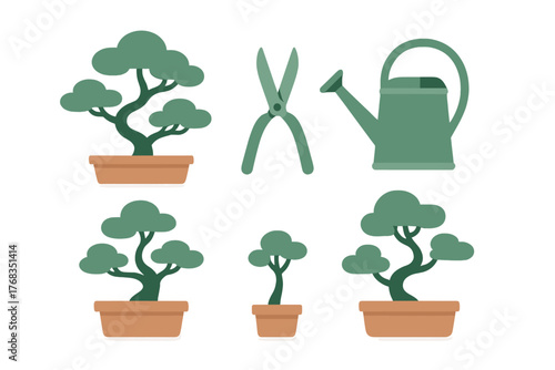 Stylized collection of various bonsai trees in terracotta pots and gardening tools