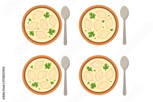 Seamless pattern of traditional dumplings in bowls with creamy sauce and parsley garnish and spoons