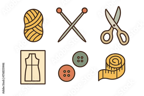 Colorful set of sewing and knitting tools including yarn, needles, scissors, buttons, and measuring tape
