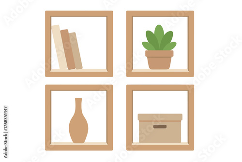 Minimalist wooden square wall shelves with home decor objects and storage items