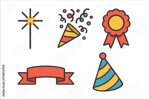 Colorful celebration elements set with party hat confetti popper sparkler and award ribbon