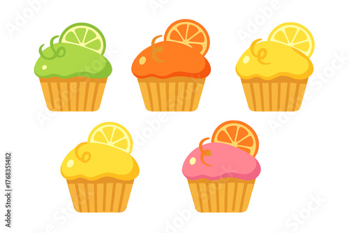 Colorful set of citrus cupcakes decorated with fruit slices and sweet frosting