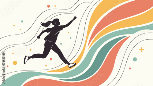 A silhouette of a woman running with a ponytail against a colorful abstract background with wavy lines