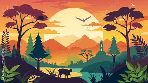 Vibrant sunset landscape with silhouette animals and distant pagoda
