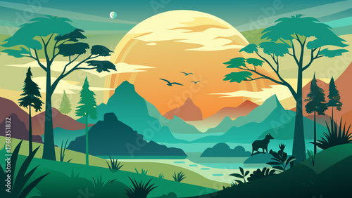 Stylized landscape with a large sun mountains trees and a lone deer