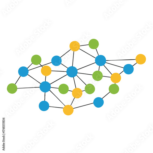 Neural network conceptual flat vector illustration showing numerous connected processing nodes, symbolizing artificial intelligence, machine learning, and technological data analysis.