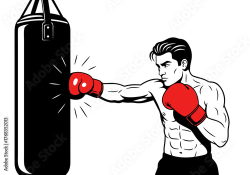 Boxer delivers a powerful punch, training with a heavy bag, showcasing fitness and strength in a workout