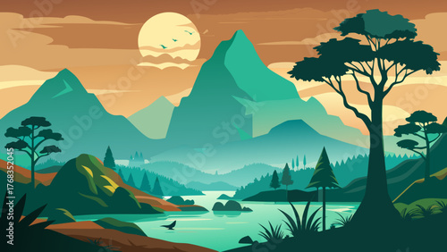 Serene mountain landscape with river and sun at dusk