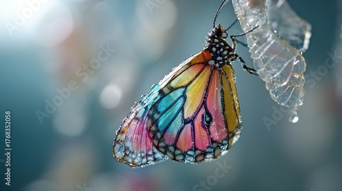 metamorphosis. Butterfly emerging from a cocoon with wings unfolding for the first time in morning sunlight. wildlife magazines, conservation campaigns, designed for wildlife conservation campaigns.
