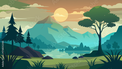 Serene mountain lake landscape at sunset with evergreen trees