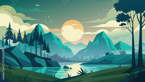 Serene mountain landscape with river and sunset