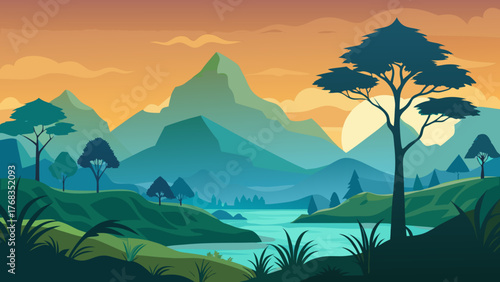 Serene mountain landscape with a river at sunset or sunrise