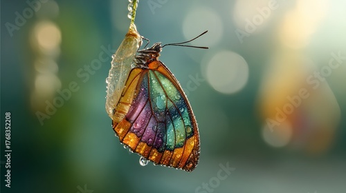 metamorphosis. Butterfly emerging from a cocoon with wings unfolding for the first time in morning sunlight. wildlife magazines, conservation campaigns, designed for wildlife conservation campaigns.