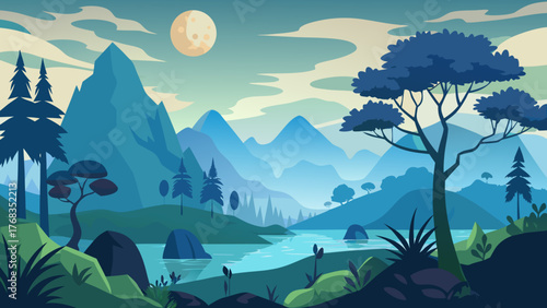 Serene mountain landscape with a full moon over a tranquil lake