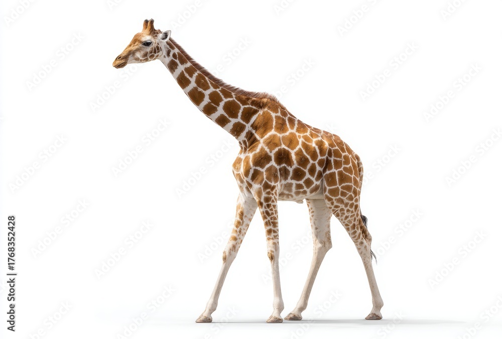 Naklejka premium Full-body side view of a young giraffe standing on