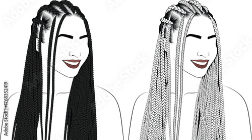 Illustration of long braids hairstyles in black and outline
