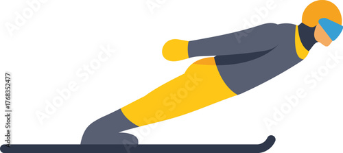 Ski jumper wearing a helmet and goggles soaring through the air on skis during a ski jumping competition