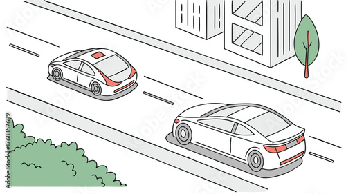Two stylized cars driving on a road with a building and green foliage in the background illustration