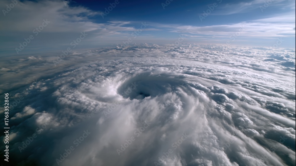 Fototapeta premium An aerial photograph of a powerful hurricane with a clearly defined eye. The swirling clouds demonstrate the force of the elements and the atmospheric drama.