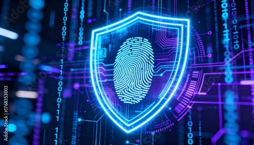 Digital shield glowing in cyber space, fingerprint symbol in center, abstract secure data technology