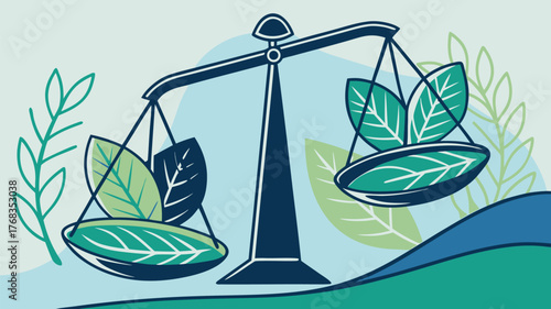 A balanced scale holding leaves representing equilibrium and environmental consideration in illustration