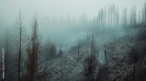 devastation. Aerial view of a charred forest landscape, hazy atmosphere and deep perspective. ESG reports, sustainability campaigns, designed for environmental awareness campaigns.