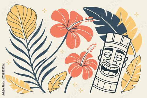 Flat minimalist vector of tiki totem art with floral tropical background
