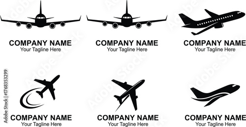 Airplane logo set, aviation branding, flight icon, travel business design, airline symbol, jet silhouette, vector illustration, corporate identity template