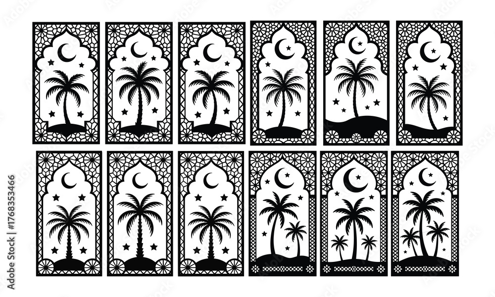 Fototapeta premium Islamic Palm Tree Arch Panels Crescent Moon Stars Geometric Border Ramadan Eid Decorative Design Black and White