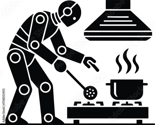 Robot chef cooking food on a stove with a pot and steam