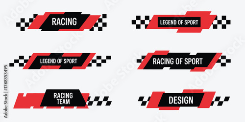 Racing Label and Sticker Vector Set – Lower third designs, racing flag graphics, and bar-style decals for sport car wraps, video templates, and racing-themed design projects.