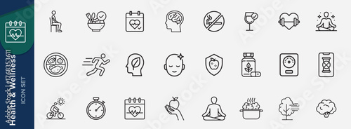 Set of Wellness and Healthy Lifestyle Icons. Ideal for fitness apps, health blogs, nutrition guides, and mental wellbeing campaigns, fostering a healthy lifestyle. Skincare, immune, supplement, exerci