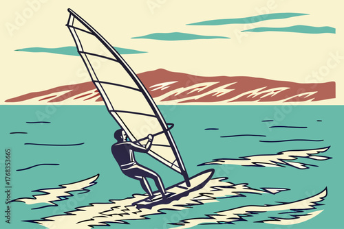 Flat vector of Maui windsurfing ocean horizon composition
