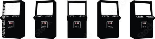 Black Silhouette Vector Icons of Classic Coin-Operated Arcade Game Machines with Screen, Joystick, Buttons Interfaces for Retro Gaming Design