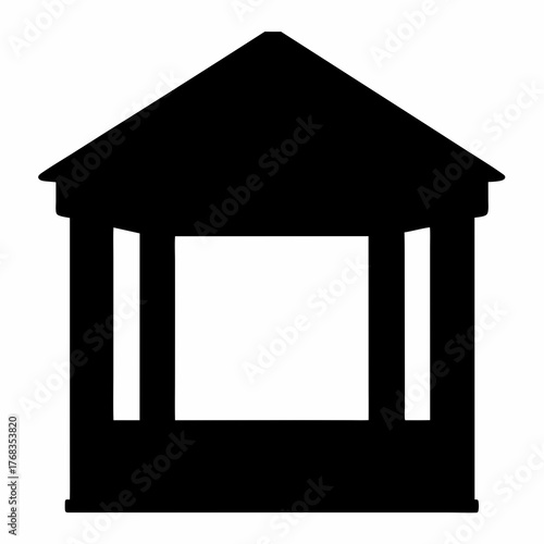 A simple black and white silhouette image of a traditional gazebo structure