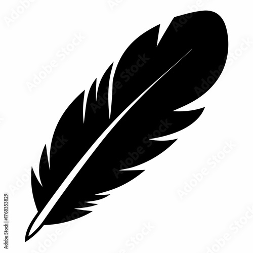 A striking black feather silhouette against a clean white background conveying simplicity