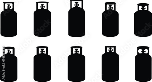 Black Silhouette Vector Icons of Gas Cylinders with Valve Designs, Industrial Tank Shapes for Propane, Butane, Fuel, and Pressure Storage
