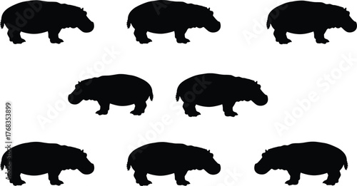 Black Silhouette Vector Icons of Hippopotamus Shapes, Safari Wildlife Animal Symbols for Nature, Zoo, Jungle, Conservation, and Graphic Design