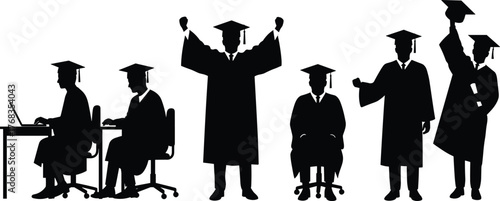 Black Silhouette Vector of Students Studying and Graduating, Academic Journey Icons with Laptop, Books, Cap, Gown, Diploma, and Celebration